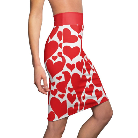 Womens Pencil Mini Skirt - Love Red Hearts