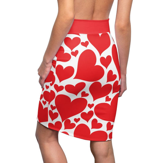 Womens Pencil Mini Skirt - Love Red Hearts