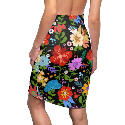 Womens Pencil Skirt - High Waist Stretch - Multicolor Floral Print -