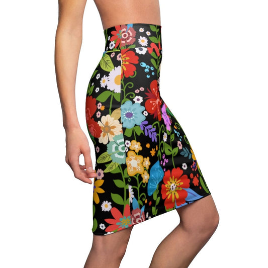 Womens Pencil Skirt - High Waist Stretch - Multicolor Floral Print -