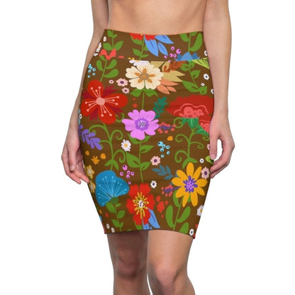 Womens Pencil Skirt - High Waist Stretch - Multicolor Floral Print