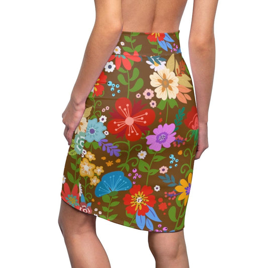Womens Pencil Skirt - High Waist Stretch - Multicolor Floral Print -