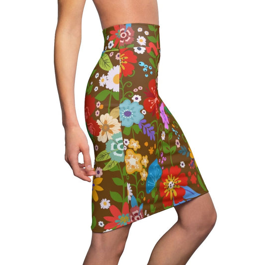 Womens Pencil Skirt - High Waist Stretch - Multicolor Floral Print -