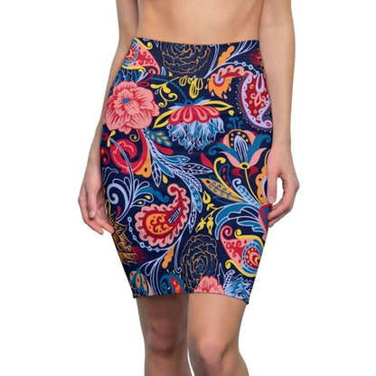 Womens Pencil Skirt - High Waist Stretch - Multicolor Floral Print