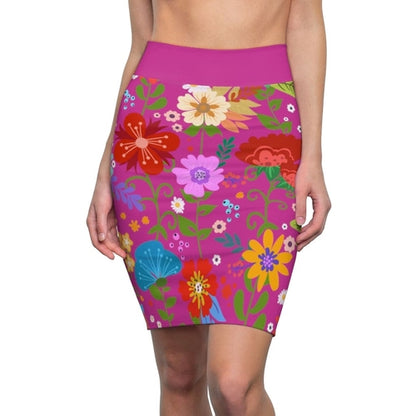 Womens Pencil Skirt - High Waist Stretch - Multicolor Floral Print