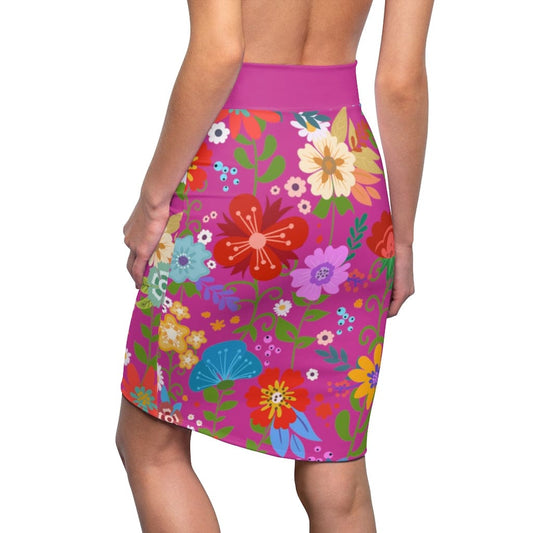 Womens Pencil Skirt - High Waist Stretch - Multicolor Floral Print -
