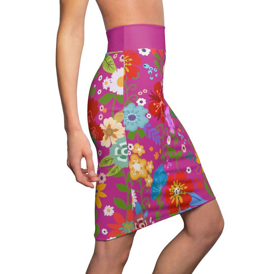 Womens Pencil Skirt - High Waist Stretch - Multicolor Floral Print -