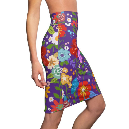 Womens Pencil Skirt - High Waist Stretch - Multicolor Floral Print -