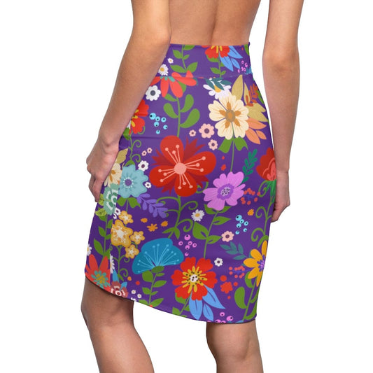 Womens Pencil Skirt - High Waist Stretch - Multicolor Floral Print -