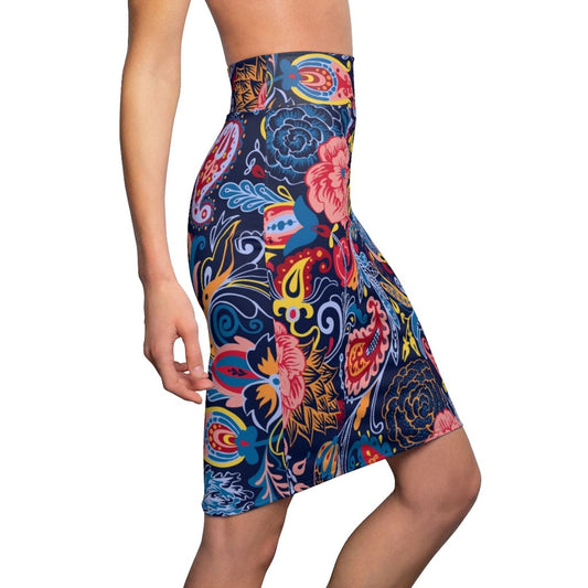 Womens Pencil Skirt - High Waist Stretch - Multicolor Floral Print