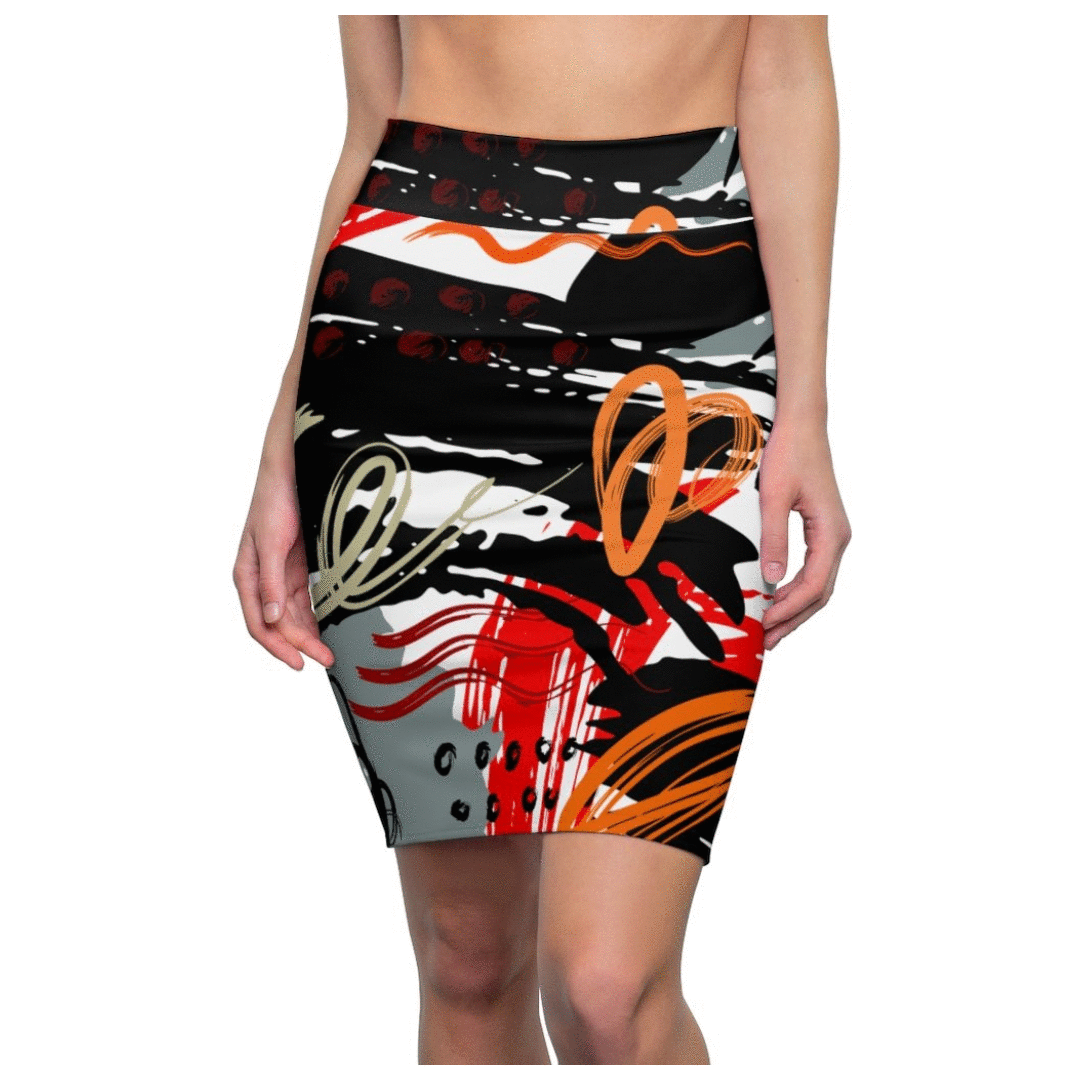 Womens Pencil Skirt - High Waist Stretch - Trio Black/red White