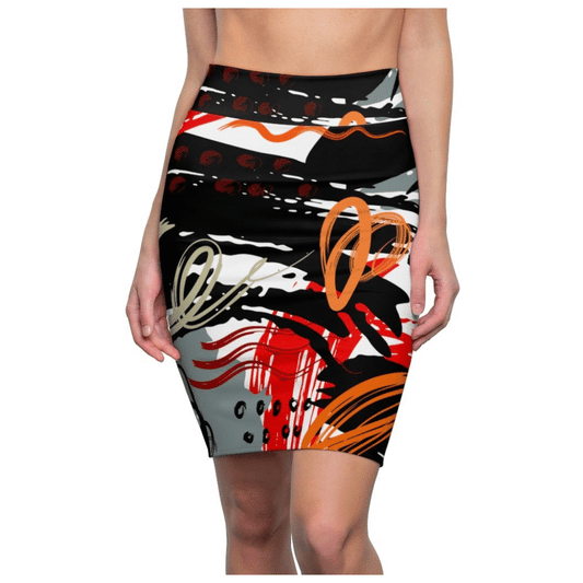 Womens Pencil Skirt - High Waist Stretch - Trio Black/red White