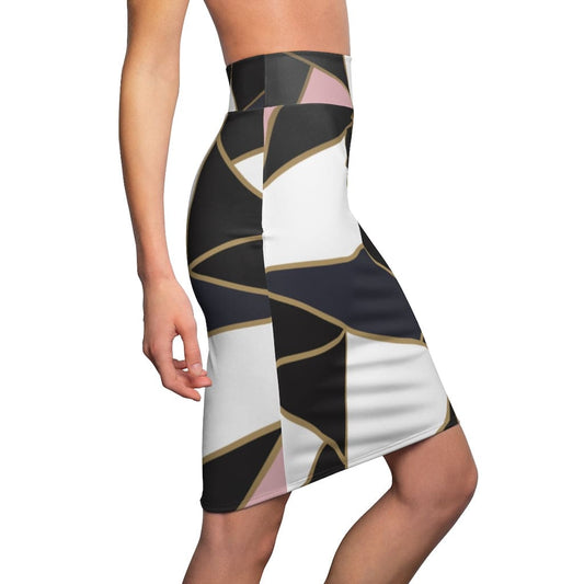 Womens Pencil Skirt - High Waist - Trio Black/white/Pink
