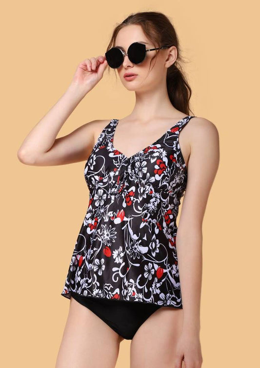 Glow Road Women's Clothing A Floral Splash Printed Black Swimwear Set