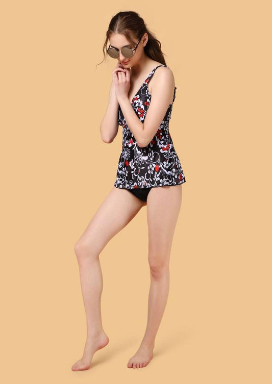 Glow Road Women's Clothing A Floral Splash Printed Black Swimwear Set