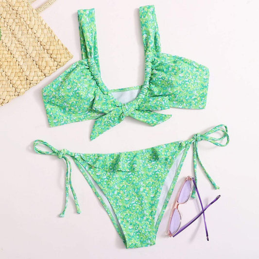 Angela Women's Clothing L / Green Allover Graphic Knot Front Tie Side Bikini Swimsuit