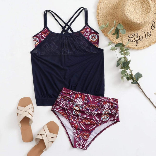 Angela Women's Clothing S / Multicolor Aztec Print Contrast Mesh Bikini Swimsuit