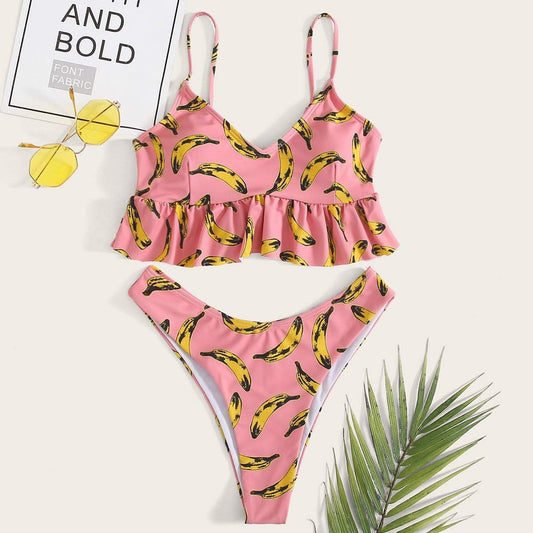 Angela Women's Clothing S / Pink Banana Print Ruffle Hem Bikini Swimsuit