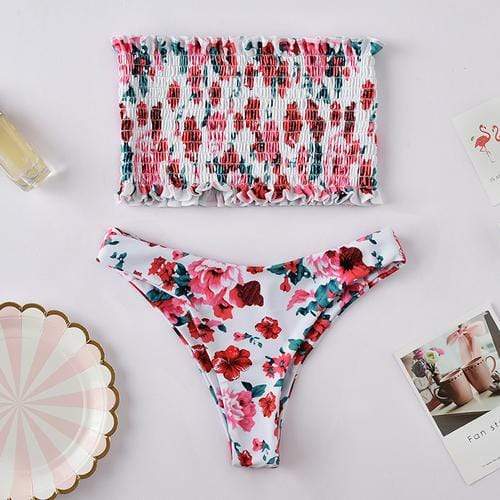 Silver Sam Women's Clothing Large / Red Bandeau Ruched Floral Printed Bikini