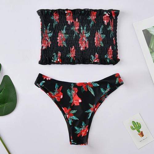 Silver Sam Women's Clothing Large / Black Bandeau Ruched Floral Printed Bikini