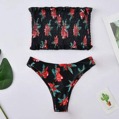 Silver Sam Women's Clothing Large / Black Bandeau Ruched Floral Printed Bikini