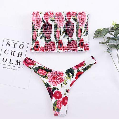 Silver Sam Women's Clothing Large / Red White Bandeau Ruched Floral Printed Bikini
