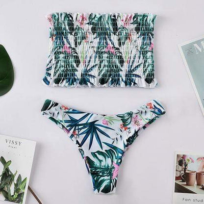 Silver Sam Women's Clothing Large / Green Bandeau Ruched Floral Printed Bikini