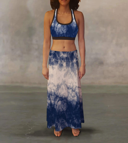 Orange Poppy Women's Clothing Blue White Tie Dye Maxi Skirt