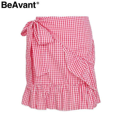 hansleii Red White Plaid / S Casual Floral Women's Beach Skirt