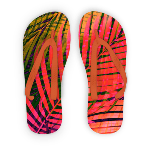 Scorpius Sandals L / Orange Strap COLORFUL TROPICAL LEAVES no4 Adult Flip Flops