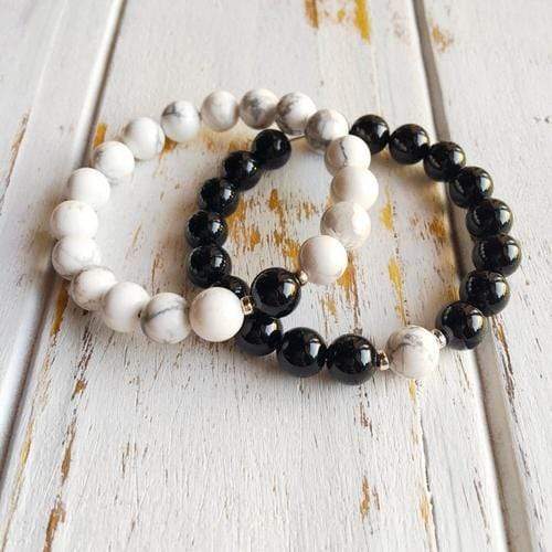 Purple Lily Jewelry & Watches Couples Bracelet Set ~ White Howlite w/ Black Onyx