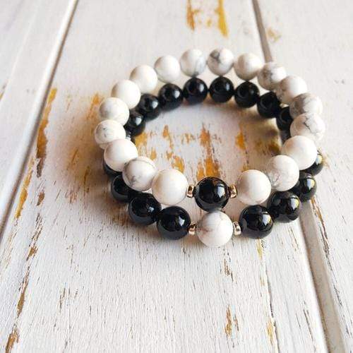 Purple Lily Jewelry & Watches Couples Bracelet Set ~ White Howlite w/ Black Onyx