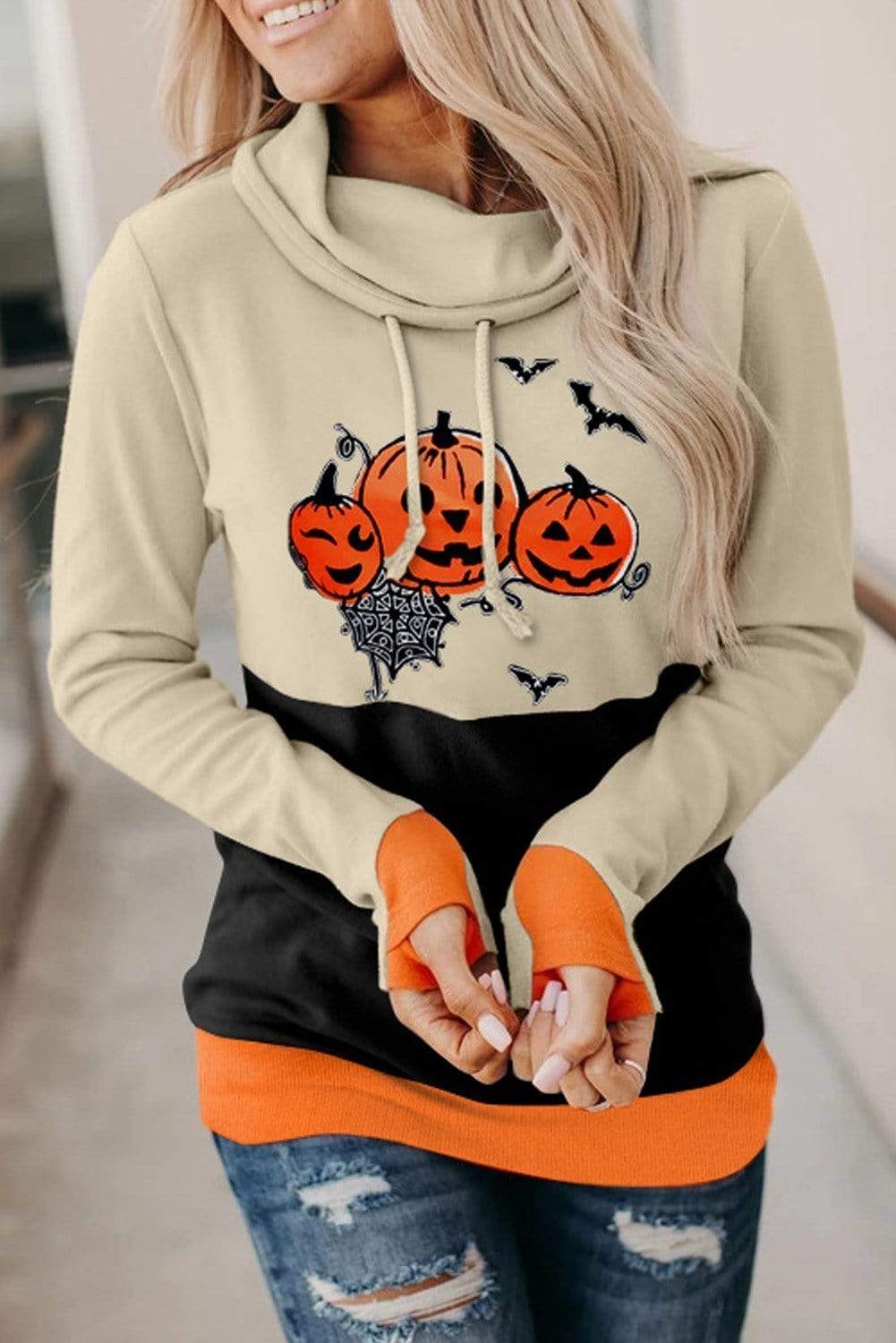 Teal Demeter Sweaters & Hoodies Cowl Neck Pumpkin Halloween Sweatshirt