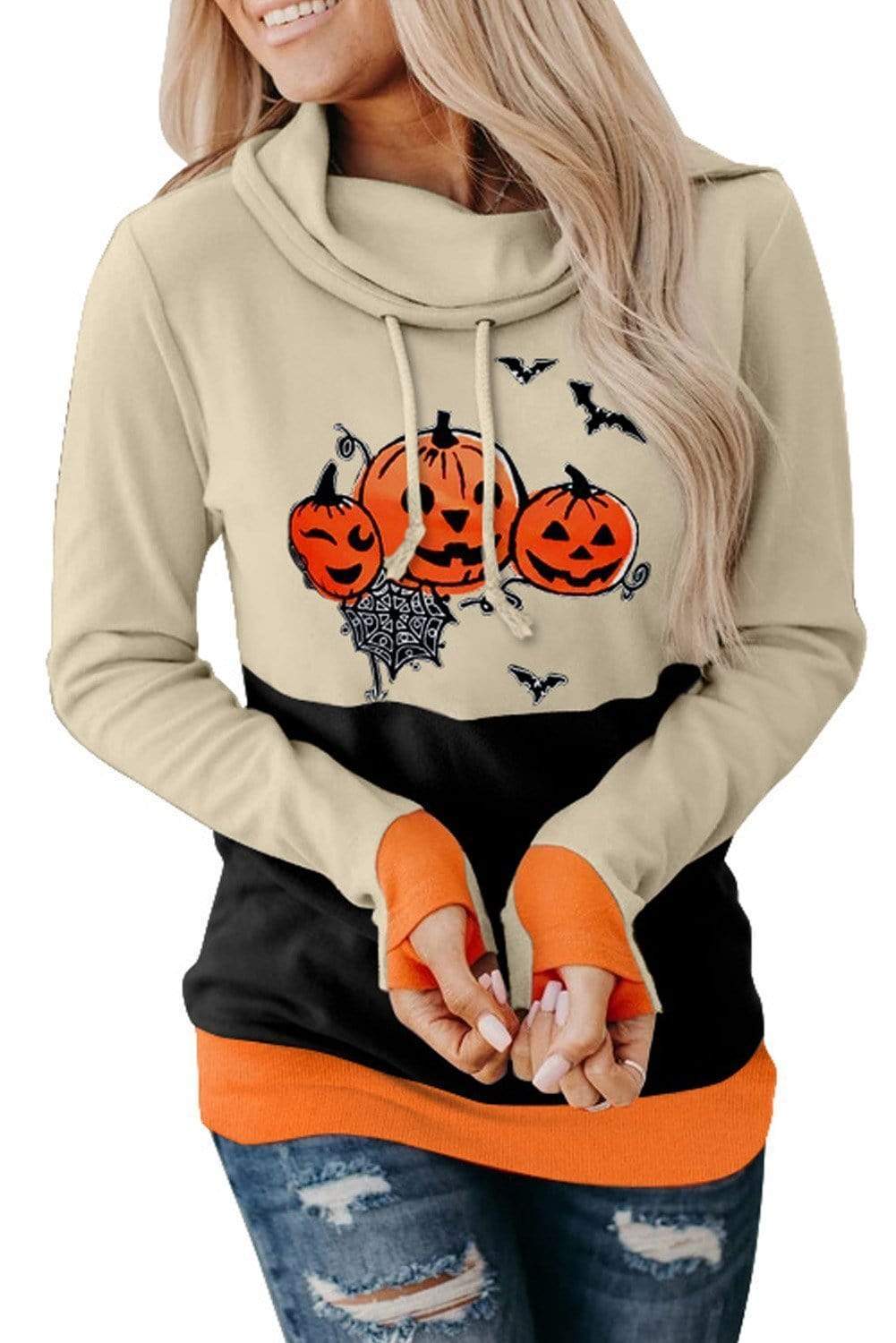 Teal Demeter Sweaters & Hoodies Cowl Neck Pumpkin Halloween Sweatshirt