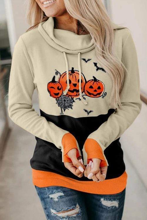 Teal Demeter Sweaters & Hoodies 2XL / Orange Cowl Neck Pumpkin Halloween Sweatshirt