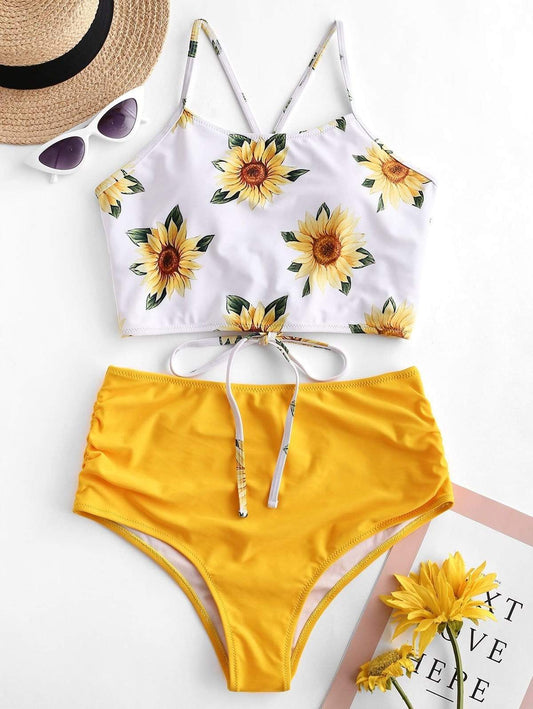 Silver Sam Women's Clothing Crisscross Ruched Sunflower Bikini Set