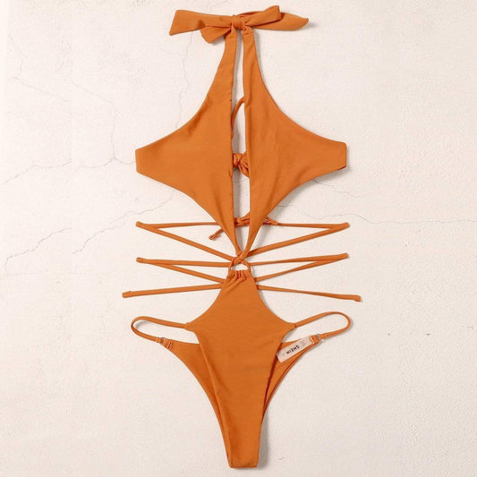 Angela Women's Clothing XL / Orange Cut Out Halter Bikini Swimsuit