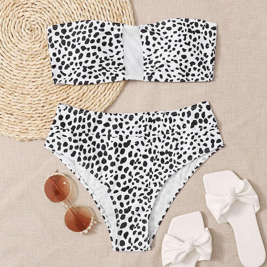 Angela Women's Clothing S / Black and White Dalmatian Contrast Mesh Bandeau Bikini Swimsuit
