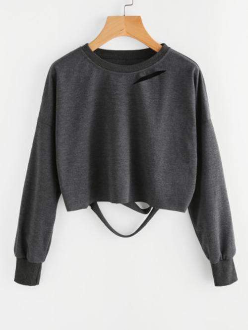 Celeste Women's Clothing Dark Grey Drop Shoulder Cut Out Crop T-shirt