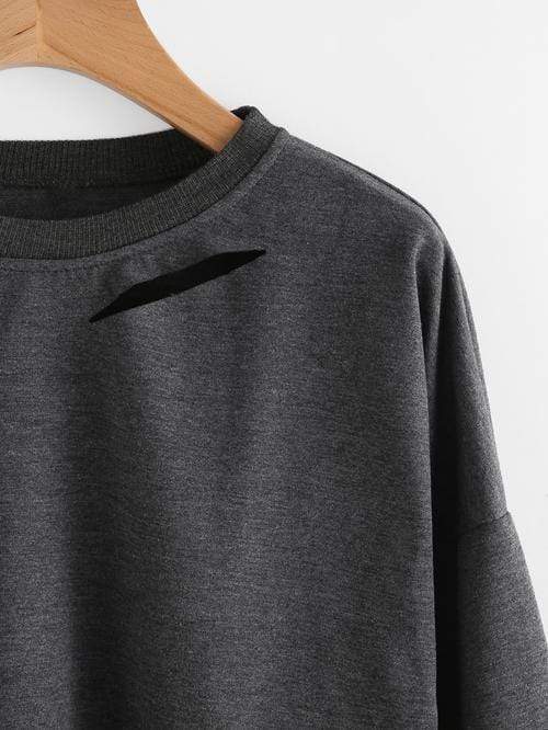 Celeste Women's Clothing Dark Grey Drop Shoulder Cut Out Crop T-shirt