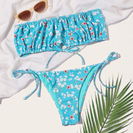 Angela Women's Clothing M / Blue Ditsy Floral Bandeau Tie Side Bikini Swimsuit