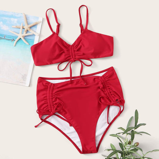 Angela Women's Clothing S / Red Drawstring High Waisted Bikini Swimsuit
