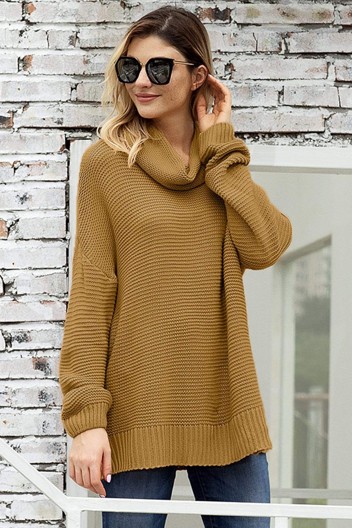 Teal Demeter Women's Clothing Fashion Khaki Cozy Long Sleeves Turtleneck Sweater