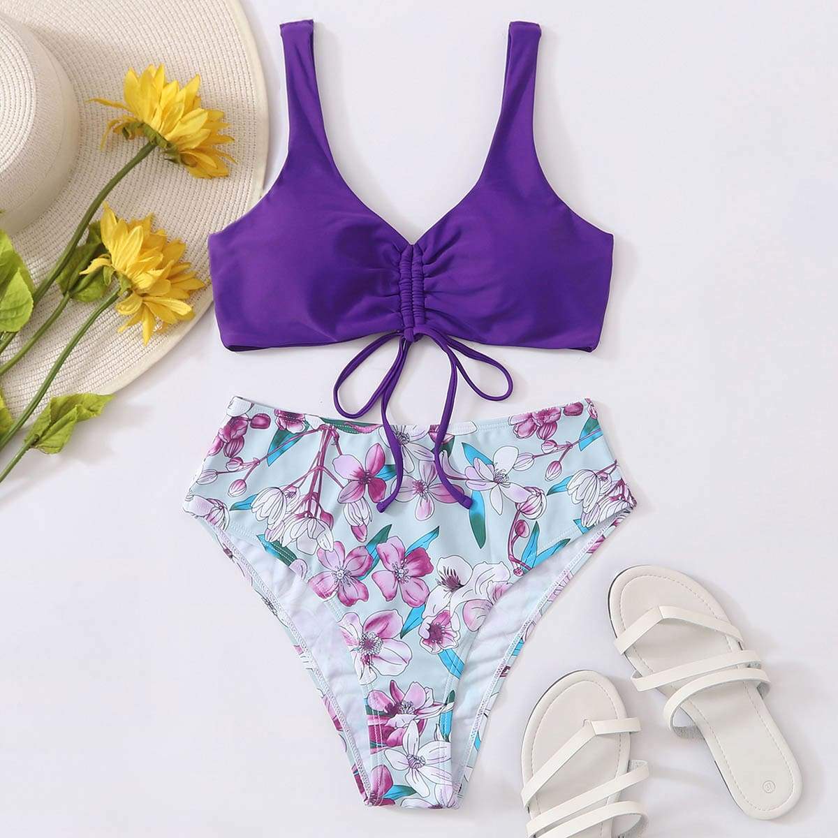Angela Women's Clothing S / Purple Floral Drawstring High Waisted Bikini Swimsuit