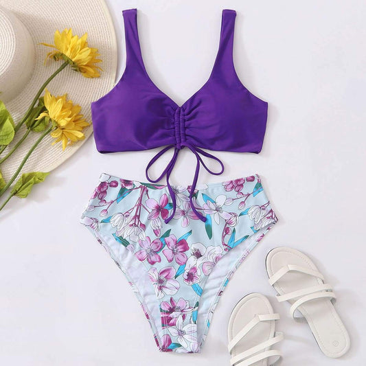 Angela Women's Clothing S / Purple Floral Drawstring High Waisted Bikini Swimsuit