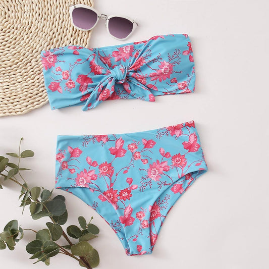 Angela Women's Clothing S / Blue Floral Knot Front Bandeau Bikini Swimsuit