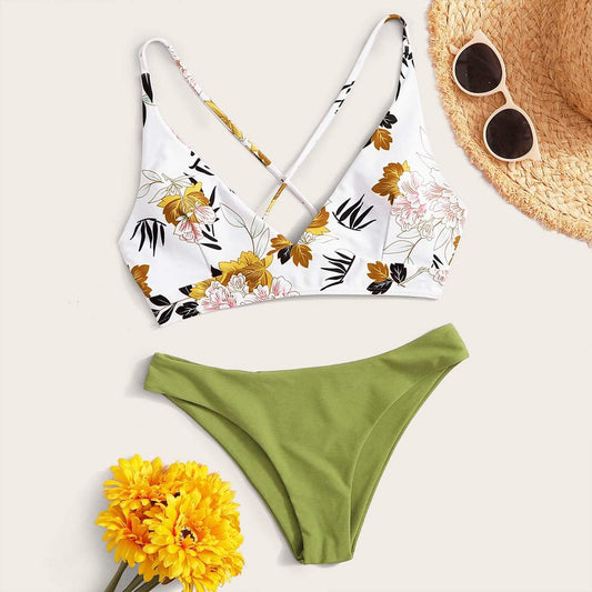 Angela Women's Clothing M / Multicolor Floral Print Lace-up Back Bikini Swimsuit