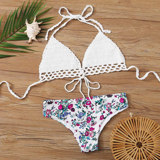 Celeste Women's Clothing L / Multicolor Floral Random Crochet Halter Bikini Swimsuit