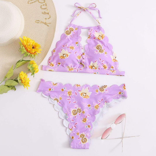 Angela Women's Clothing Floral Scallop Trim Halter Bikini Swimsuit
