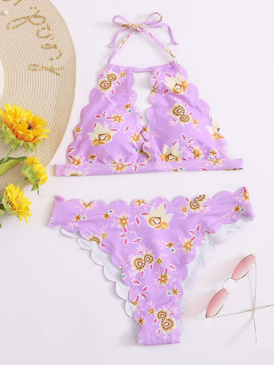 Angela Women's Clothing Floral Scallop Trim Halter Bikini Swimsuit